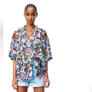 Zara Womens Novelty Tropical Fruit Vegetable Short Sleeve Camp Shirt Blo…